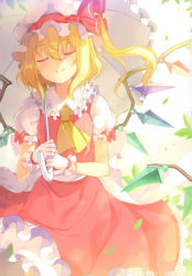 Rule 34 | 1girl, 6u (eternal land), absurdres, ascot, blonde hair, blush, closed eyes, feathers, flandre scarlet, flower, food, hat, highres, leaf, looking at viewer, mob cap, open mouth, parasol, ribbon, scan, short hair, side ponytail, skirt, socks, solo, touhou, umbrella, white hat, wings, wrist cuffs