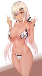 Rule 34 | 1girl, absurdres, bad id, bad pixiv id, bare arms, bare shoulders, bikini, breasts, character name, cleavage, collarbone, commentary request, dark-skinned female, dark skin, extra digits, franz (217franz), girls&#039; frontline, groin, hair ornament, hairclip, halterneck, hands up, highres, large breasts, long hair, looking at viewer, m590 (girls&#039; frontline), navel, parted lips, skindentation, solo, stomach, strap gap, swimsuit, thighs, very long hair, white bikini, white hair, yellow eyes