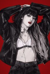 Rule 34 | 1girl, black eyes, black jacket, black pants, breasts, chinese commentary, cleavage, colored skin, g-i-dle, grey hair, grey skin, hands on own head, head tilt, highres, jacket, jewelry, k-pop, leather, leather jacket, lip piercing, looking at viewer, midriff, minnie nicha yontararak, necklace, oxide (oxidego), pants, parted lips, piercing, procreate (medium), real life, realistic, red background, small breasts, solo, sports bra, white sports bra