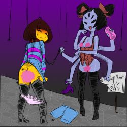 Rule 34 | androgynous, arthropod girl, bdsm, blush, bondage, bound, censored, femdom, frisk (undertale), gender request, insect girl, leash, monster girl, muffet, sex toy, spider girl, twintails, undertale, undressing