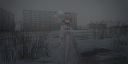 Rule 34 | 1girl, balloon, black ribbon, blue eyes, breasts, brown hair, building, chihuri, closed mouth, cloud, cloudy sky, dress, hairband, highres, holding, holding balloon, juliet sleeves, long hair, long sleeves, looking at viewer, medium breasts, neck ribbon, original, outdoors, overcast, puffy sleeves, renata alekseevna tsvetaeva, ribbon, sky, snow, solo, standing, white dress, white hairband, wide sleeves