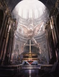 Rule 34 | angel statue, angel wings, arm up, building, candle, church, cross, fantasy, flower, highres, holding, holding sword, holding weapon, indoors, irusu (kakimiira), no humans, original, petals, pew, roomscape, ruins, scenery, spotlight, statue, sunlight, sword, tablecloth, weapon, window, wings