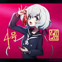Rule 34 | 1girl, arm up, black sailor collar, blood, blood on clothes, blood on hands, blue dress, blue eyes, blue ribbon, character name, commentary request, dated, dress, food, from side, gradient background, hair between eyes, hair ribbon, holding, holding food, konno junko, letterboxed, long sleeves, looking at viewer, looking to the side, low twintails, meat, neckerchief, open mouth, partial commentary, pink background, raw meat, ribbon, round teeth, sabum, sailor collar, sailor dress, sideways glance, simple background, solo, teeth, tongue, tongue out, translated, twintails, twitter username, upper body, upper teeth only, white hair, white neckerchief, white stripes, zombie land saga