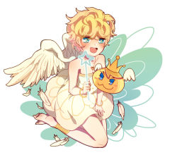 Rule 34 | 1boy, :d, androgynous, angel cookie, angel wings, artist request, blonde hair, blue eyes, commentary, cookie run, english commentary, feathered wings, full body, happy, holding, holding wand, humanization, male focus, open mouth, short hair, simple background, smile, solo, teeth, trap, upper teeth only, wand, white background, white wings, wings
