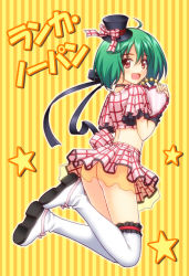 Rule 34 | 00s, 1girl, ass, boots, fingerless gloves, full body, gloves, green hair, hat, looking back, macross, macross frontier, macross frontier: itsuwari no utahime, masakichi (crossroad), mini hat, mini top hat, no panties, pun, ranka lee, red eyes, see-through, short hair, solo, thigh boots, thighhighs, top hat