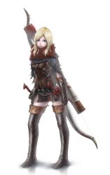 Rule 34 | 1girl, absurdres, armor, black gloves, blonde hair, blue eyes, boots, bow (weapon), breastplate, cloak, dagger, dragon&#039;s dogma, dragon&#039;s dogma (series), elbow gloves, full body, gloves, highres, knife, lips, long hair, over shoulder, parted bangs, pawn (dragon&#039;s dogma), pikoroo, quiver, reflective floor, solo, thigh boots, thighhighs, weapon, weapon over shoulder, white background, zettai ryouiki