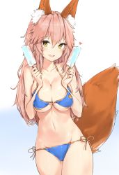 Rule 34 | 10s, 1girl, animal ear fluff, animal ears, bikini, blue bikini, blush, breasts, cleavage, collarbone, commentary request, cowboy shot, deep skin, eyes visible through hair, fate/extra, fate (series), food, fox ears, gradient background, hair between eyes, heart, highres, holding, holding food, large breasts, legs together, long hair, looking at viewer, navel, open mouth, pink hair, popsicle, sharing food, side-tie bikini bottom, silver (chenwen), simple background, solo, standing, stomach, swimsuit, tamamo (fate), tamamo no mae (fate/extra), tamamo no mae (swimsuit lancer) (fate), teeth, upper teeth only, white background, yellow eyes