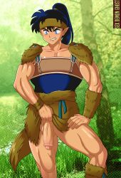 Rule 34 | 1boy, black hair, blue eyes, blush, foreskin, grin, highres, inuyasha, kouga, male focus, muscular, muscular male, nature, outdoors, penis, pointy ears, ponytail, sex demon ghost, smile, solo, testicles