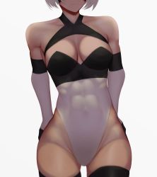 Rule 34 | 1girl, 2b (nier:automata), abs, absurdres, bare shoulders, blindfold, breasts, cleavage, curvy, highleg, highleg leotard, highres, leotard, medium breasts, nier:automata, nier (series), shiny skin, short hair, simple background, toned, white hair, white leotard, wide hips, zaki (zaki btw)