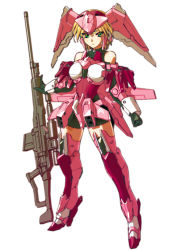 Rule 34 | 1girl, black gloves, blonde hair, clenched hand, frame arms, frame arms girl, gloves, green eyes, gun, highres, lapierre, mecha, mechanical wings, armored boots, personification, rifle, robo misucha, robot, short hair, sniper rifle, solo, weapon, wings
