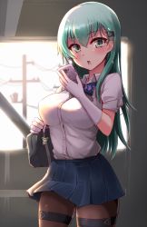 Rule 34 | 1girl, :o, azur lane, bag, black pantyhose, bralines, breasts, cellphone, commentary, cosplay, duffel bag, gloves, green eyes, green hair, hair ornament, hairclip, highres, historical name connection, kantai collection, kihou no gotoku dmc, large breasts, long hair, name connection, pantyhose, phone, school uniform, see-through, shirt, skirt, suzuya (azur lane), suzuya (azur lane) (cosplay), suzuya (kancolle), thighband pantyhose, utility pole, wet, wet clothes, wet shirt, white gloves