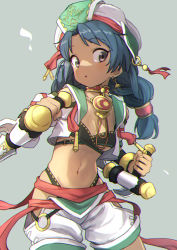 Rule 34 | 1girl, black eyes, bladed tonfa, blue hair, braid, breasts, chromatic aberration, commentary request, dark-skinned female, dark skin, dual wielding, earrings, gazacy (dai), grey background, hat, highres, holding, jewelry, looking at viewer, midriff, navel, o-ring, shorts, simple background, small breasts, solo, soul calibur, talim, tonfa, twin braids, twintails, weapon