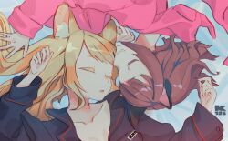 Rule 34 | 2girls, alternate costume, animal ear fluff, animal ears, black shirt, blonde hair, brown hair, cat ears, closed eyes, commentary request, dog ears, face-to-face, facing another, hands up, highres, k725, kmnz, long hair, long sleeves, lying, mc lita, mc liz, multiple girls, on back, open mouth, pajamas, rotational symmetry, shirt, short hair, signature, sleeping, upper body, upside-down, virtual youtuber