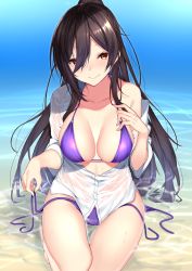 Rule 34 | 1girl, bikini, black hair, blush, breasts, cleavage, collarbone, commentary request, dress shirt, hair between eyes, highres, hip focus, idolmaster, idolmaster shiny colors, large breasts, long hair, looking at viewer, nebusoku, ocean, off shoulder, open clothes, open shirt, ponytail, seiza, shirase sakuya, shirt, sitting, solo, swimsuit, thighs, wet, wet clothes, white shirt, yellow eyes