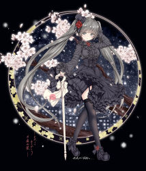 Rule 34 | 1girl, absurdly long hair, absurdres, arm up, black dress, black footwear, black hat, black thighhighs, breasts, cane, catbell, dress, flower, full body, garter straps, gothic lolita, grey eyes, grey hair, hair flower, hair ornament, hat, high heels, highres, holding, holding cane, large breasts, lolita fashion, long hair, looking at viewer, mini hat, mini top hat, original, parted lips, red flower, red rose, rose, sky, solo, star (sky), starry sky, thighhighs, top hat, twintails, very long hair, white flower