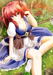 Rule 34 | 1girl, belt, breasts, campbell (pixiv), campbell gichou, cleavage, grass, hair bobbles, hair ornament, medium breasts, no shoes, onozuka komachi, red eyes, red hair, sandals, scythe, sitting, skirt, smile, socks, solo, touhou, tree, twintails, two side up, white socks
