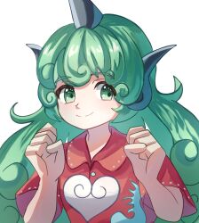 Rule 34 | 1girl, closed mouth, cloud print, collared shirt, commentary request, curly hair, green eyes, green hair, happy, highres, horns, kariyushi shirt, komainu ears, komano aunn, long hair, looking at viewer, paw pose, plus2sf, red shirt, shirt, short sleeves, simple background, single horn, smile, solo, touhou, upper body, very long hair, white background