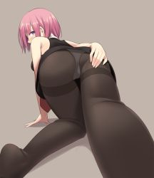 Rule 34 | 1girl, all fours, bare shoulders, black dress, black pantyhose, blush, chiiio, covering privates, covering ass, dress, embarrassed, fate/grand order, fate (series), looking at viewer, looking back, mash kyrielight, panties, panties under pantyhose, pantyhose, purple eyes, purple hair, short hair, solo, thighband pantyhose, underwear, upskirt