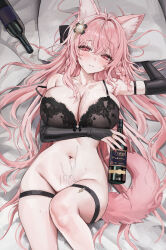 Rule 34 | 1girl, absurdres, alcohol, animal ear fluff, animal ears, arknights, bed sheet, black bra, blush, bottle, bra, breasts, bridal gauntlets, cleavage, closed mouth, commission, cum, cum on body, cum on stomach, gompang 11, highres, holding, holding bottle, large breasts, looking at viewer, lying, navel, no panties, on back, pillow, pozyomka (arknights), solo, tail, thigh strap, underwear