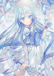 Rule 34 | 1girl, absurdres, blue eyes, blue hair, brooch, cape, christmas ornaments, commentary request, dress, flower, frilled sleeves, frills, fur-trimmed cape, fur hat, fur trim, gambe, hat, highres, holding, holding flower, jewelry, lace, lace-trimmed dress, lace sleeves, lace trim, light blue hair, long hair, long sleeves, looking at viewer, making-of available, mole, mole under mouth, neck ribbon, original, parted lips, ribbon, silver dress, silver hair, snowflake ornament, solo, sparkle, tassel, winter