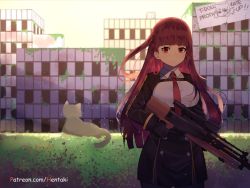 Rule 34 | 1girl, animal, black dress, black gloves, breasts, building, bullpup, cat, closed mouth, collared shirt, commentary, dress, english commentary, english text, girls&#039; frontline, gloves, gun, hair ribbon, hedge, hentaki, holding, holding gun, holding weapon, long hair, long sleeves, looking at viewer, name connection, necktie, object namesake, one side up, outdoors, pantyhose, red eyes, red hair, red necktie, red ribbon, ribbon, rifle, ruins, scenery, scope, shirt, sign, sky, small breasts, sniper rifle, solo, standing, sunset, trigger discipline, v-shaped eyebrows, very long hair, wa2000 (girls&#039; frontline), walther, walther wa 2000, watermark, weapon, web address, white shirt