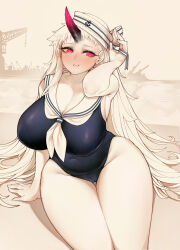 Rule 34 | 1girl, abyssal ship, blue one-piece swimsuit, blush, breasts, cleavage, collarbone, covered navel, curvy, grin, hand in own hair, hat, highres, horns, huge breasts, kantai collection, long hair, looking at viewer, one-piece swimsuit, pale skin, pink eyes, sailor hat, seaport princess, single horn, sitting, smile, solo, swimsuit, thick thighs, thighs, uni (oni unicorn), white hair, wide hips