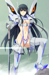 Rule 34 | &gt;:(, 10s, 1girl, armor, bakuzan, black hair, blue eyes, blunt bangs, boots, breasts, cleavage, cleavage cutout, closed mouth, clothing cutout, frown, high heel boots, high heels, highres, junketsu, katana, kill la kill, kiryuuin satsuki, large breasts, long hair, looking at viewer, navel, prime, revealing clothes, revision, solo, spikes, suspenders, sword, thigh boots, thighhighs, thighs, v-shaped eyebrows, very long hair, weapon