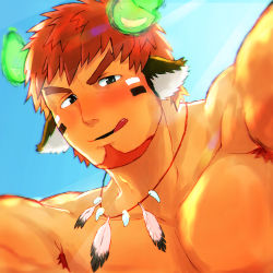 Rule 34 | 1boy, :q, absurdres, animal ears, arms at sides, bara, blush, brown hair, cow boy, cow ears, cow horns, facial hair, feather necklace, fiery horns, forked eyebrows, glowing horns, goatee, highres, horns, looking at viewer, male focus, muscular, muscular male, nude, pectorals, seductive smile, short hair, smile, solo, spiked hair, tatatan (ts kon2), thick eyebrows, tokyo houkago summoners, tongue, tongue out, upper body, wakan tanka