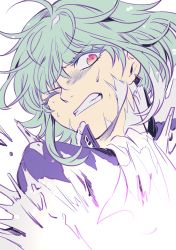 Rule 34 | 1boy, ascot, bae (baebae), color drain, colored eyelashes, earrings, frost, green hair, grimace, highres, jewelry, lio fotia, male focus, promare, red eyes, solo, wince