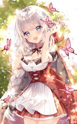 Rule 34 | 1girl, :d, animal, apron, arms up, back bow, black ribbon, blue eyes, blurry, blurry background, blush, bow, braid, breasts, bug, butterfly, cape, cleavage, cosplay, day, depth of field, fate/grand order, fate (series), floral print, frilled skirt, frills, hair bow, highres, hood, hood down, insect, large breasts, lens flare, little red riding hood, little red riding hood (grimm), little red riding hood (grimm) (cosplay), long hair, looking at viewer, marie antoinette (fate), miniskirt, neck ribbon, official alternate costume, open mouth, outdoors, petals, plaid, plaid skirt, print cape, puffy short sleeves, puffy sleeves, red cape, red skirt, ribbon, rose print, short sleeves, signature, single braid, skirt, smile, solo, taya oco, very long hair, white apron