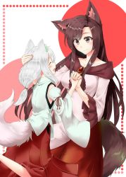 Rule 34 | 2girls, :d, ^ ^, aino-san (miximixi39), animal ears, bad id, bad pixiv id, blush, breasts, brooch, brown hair, closed eyes, detached sleeves, dress, closed eyes, hakama, hakama skirt, hat, height difference, highres, imaizumi kagerou, interlocked fingers, inubashiri momiji, japanese clothes, jewelry, leg up, long hair, multiple girls, open mouth, red eyes, red hakama, short hair, skirt, smile, standing, standing on one leg, tail, tokin hat, touhou, white hair, wide sleeves, wolf ears, wolf tail