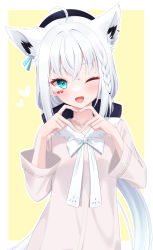 Rule 34 | 1girl, ;d, absurdres, animal ears, aqua eyes, fox ears, fox girl, hat, heart, heart hands, highres, hololive, long hair, long sleeves, looking at viewer, one eye closed, open mouth, puni (yuuki-0215), shirakami fubuki, shirakami fubuki (street), shirt, smile, virtual youtuber, white hair, wide sleeves