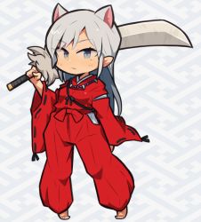 Rule 34 | 1girl, animal ears, barefoot, breasts, color connection, dog ears, extra ears, feet, full body, hair color connection, ibara., inuyasha, inuyasha (character), japanese clothes, jewelry, looking at viewer, necklace, pearl necklace, school girl strikers, grey eyes, silver hair, solo, sword, tatianna alexandrovna krovskaya, weapon