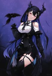 Rule 34 | 1girl, asymmetrical horns, bare shoulders, belt, bird, black belt, black gloves, black hair, black thighhighs, blue hair, breasts, clothing cutout, collar, colored inner hair, crow, demon horns, feather-trimmed jacket, feathers, fur trim, gloves, hair ornament, highres, holoadvent, hololive, hololive english, horn flower, horns, large breasts, long hair, looking at viewer, mole, mole under eye, multicolored hair, necktie, nerissa ravencroft, nerissa ravencroft (1st costume), parted lips, pencil skirt, ranveld, red eyes, shadow (nerissa ravencroft), shirt, shoulder cutout, signature, skirt, smile, star (sky), tassel, tassel hair ornament, thigh strap, thighhighs, uneven horns, virtual youtuber, white shirt