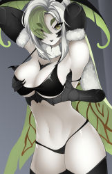 Rule 34 | antennae, armpits, arms up, armsleeves, arthropod girl, bikini, black lips, bra, grabbing another&#039;s breast, breasts, chitin, colored skin, eyes visible through hair, fur trim, grabbing, grabbing own breast, green eyes, green hair, indie virtual youtuber, insect wings, juniper actias, large breasts, looking at viewer, mandibles, multicolored hair, multiple arms, multiple limbs, pale skin, panties, reeceyd3, short hair, swimsuit, thighhighs, thighs, two-tone hair, underwear, virtual youtuber, white hair, white skin, wings