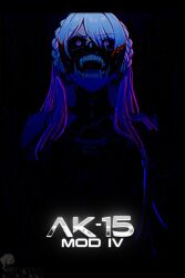 Rule 34 | 1girl, absurdres, ak-15 (girls&#039; frontline), badtotheblade, black background, braid, character name, cyberpunk, girls&#039; frontline, highres, mask, mechanical parts, muscular, muscular female, open mouth, red eyes, white hair