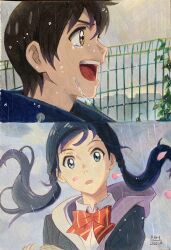 Rule 34 | 1boy, 1girl, absurdres, amano hina (tenki no ko), artist name, blue eyes, blue hair, blue jacket, bow, bowtie, brown eyes, brown hair, collared shirt, colored pencil (medium), commentary, commentary request, crying, crying with eyes open, dated, dress shirt, english commentary, falling petals, fence, highres, hood, hood down, hoodie, jacket, korean commentary, long hair, low twintails, making-of available, mixed-language commentary, morishima hodaka (tenki no ko), open mouth, p.art, petals, pink hoodie, rain, red bow, red bowtie, school uniform, shirt, tears, teeth, tenki no ko, traditional media, twintails, upper body, upper teeth only, white shirt