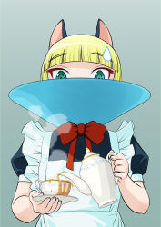 Rule 34 | animal ears, apron, blonde hair, blunt bangs, bow, bowtie, cat ears, cup, green eyes, highres, maid, maid apron, original, pet cone, pouring, saucer, seikaiyoku, spill, spilling, sweatdrop, teacup, teapot