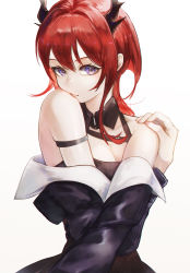 Rule 34 | 1girl, aiv, arknights, arm strap, bare shoulders, black dress, black jacket, breasts, cleavage, closed mouth, dress, highres, horns, jacket, long hair, long sleeves, looking at viewer, medium breasts, open clothes, open jacket, purple eyes, red hair, self hug, simple background, solo, surtr (arknights), upper body, white background