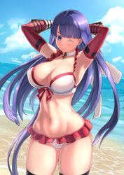Rule 34 | 1girl, armpits, arms behind head, arms up, bare shoulders, beach, bikini, blue eyes, blunt bangs, blush, breasts, choker, cleavage, closed mouth, collarbone, cross, day, earrings, elbow gloves, fate/grand order, fate (series), gauntlets, gloves, highres, jewelry, kanki (kibunhasaikou), large breasts, long hair, looking at viewer, martha (fate), martha (swimsuit ruler) (fate), martha (swimsuit ruler) (third ascension) (fate), navel, ocean, one eye closed, purple hair, red gloves, smile, solo, straight hair, swimsuit, thighs, white bikini