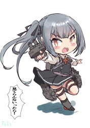 Rule 34 | 1girl, adapted turret, aiming, brown eyes, cannon, chibi, collared shirt, commentary request, dress, dress shirt, fuji (pixiv24804665), grey hair, highres, kantai collection, kasumi (kancolle), kasumi kai ni (kancolle), long hair, long sleeves, machinery, open mouth, pinafore dress, round teeth, shirt, side ponytail, simple background, sleeveless, sleeveless dress, solo, teeth, torpedo launcher, translation request, turret, upper teeth only, white background, white shirt