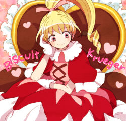 Rule 34 | 1girl, applebrown, bad id, bad pixiv id, biscuit krueger, blonde hair, capelet, character name, dress, drill hair, gloves, hair ribbon, hand on own face, heart, hunter x hunter, lolita fashion, long hair, pink eyes, ponytail, ribbon, sitting, smile, solo, white gloves