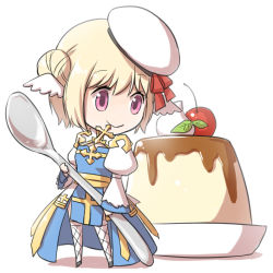 Rule 34 | 1girl, arch bishop (ragnarok online), black footwear, blonde hair, blue dress, bow, cherry, cleavage cutout, closed mouth, clothing cutout, commentary request, cross, double bun, dress, fishnet thighhighs, fishnets, food, fruit, full body, hair bun, hat, hat bow, head wings, holding, holding spoon, juliet sleeves, long sleeves, looking down, mini person, minigirl, natsuya (kuttuki), pink eyes, plate, pudding, puffy sleeves, ragnarok online, red bow, sailor hat, sash, shoes, short hair, simple background, sitting, smile, solo, spoon, thighhighs, two-tone dress, white background, white dress, white hat, white thighhighs, white wings, wings, yellow sash