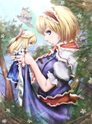 Rule 34 | 2girls, alice margatroid, apron, black dress, blonde hair, blue dress, blue eyes, bow, breasts, broom, broom riding, cape, doll joints, dress, hair bow, hairband, hat, highres, hoshibuchi, joints, kirisame marisa, large breasts, lolita hairband, looking at viewer, multiple girls, open mouth, puppet strings, sash, shanghai doll, touhou, tree, waist apron, witch hat