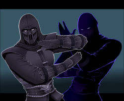 Rule 34 | 1boy, blue background, gloves, male focus, mask, mortal kombat (series), ninja, noob saibot, shadow, shiemasu, solo, white eyes
