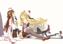 Rule 34 | 2girls, ahoge, armband, bare shoulders, beret, black skirt, blonde hair, blue eyes, brown hair, commentary request, detached sleeves, double bun, fujimo ruru, gloves, grey eyes, hairband, hat, headgear, japanese clothes, kantai collection, kongou (kancolle), long hair, mole, mole under eye, multicolored clothes, multicolored gloves, multiple girls, nontraditional miko, pleated skirt, pom pom (clothes), ribbon-trimmed sleeves, ribbon trim, richelieu (kancolle), skirt, sleeveless, smile, thighhighs, very long hair, wide sleeves