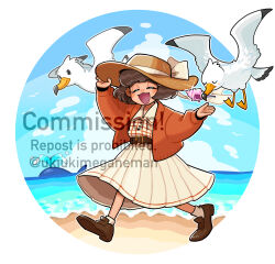Rule 34 | 1girl, beach, belt, bird, blush, bow, brown footwear, brown hair, closed eyes, commission, day, facing viewer, hat, hat bow, hat ribbon, highres, onosanlove, open mouth, original, outdoors, pleated skirt, ribbon, seagull, short hair, skeb commission, skirt, smile, socks, solo, sun hat, watermark, white bow, white ribbon, white skirt, white socks