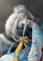 Rule 34 | 1boy, absurdres, artist name, dreamingpool, facial mark, forehead mark, grey background, highres, inuyasha, japanese clothes, long hair, looking at viewer, male focus, pointy ears, sesshoumaru, sleeves past wrists, very long hair, whisker markings, white hair, yellow eyes