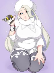 Rule 34 | 1girl, absurdres, bad id, bad pixiv id, blonde hair, blue eyes, breasts, creatures (company), earrings, eyes visible through hair, full body, game freak, gloves, grey nails, grey pantyhose, gym leader, hat, highres, holding, holding poke ball, jewelry, large breasts, long hair, long sleeves, looking at viewer, mature female, melony (pokemon), muttsu 99, nail polish, nintendo, pantyhose, pantyhose under shorts, parted lips, partially fingerless gloves, plump, poke ball, pokemon, pokemon swsh, ring, seiza, shorts, sitting, solo, sweater, thick thighs, thighs, ultra ball, very long hair, wedding band, white hat, white sweater