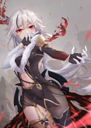 Rule 34 | 1girl, absurdres, adapted costume, armor, asymmetrical sleeves, black hair, black thighhighs, breasts, center opening, cityscape, commentary request, day, detached sleeves, fire, fu hua, fu hua (herrscher of sentience), fu hua (onyx simurgh) (herrscher of sentience), fu hua (valkyrie accipiter), fur trim, highres, honkai (series), honkai impact 3rd, long hair, looking at viewer, low ponytail, medium breasts, mismatched sleeves, multicolored hair, navel, official alternate costume, outdoors, red eyes, revealing clothes, shoulder armor, silver hair, solo, streaked hair, thighhighs, two-tone gloves, very long hair, yelan xing xuan